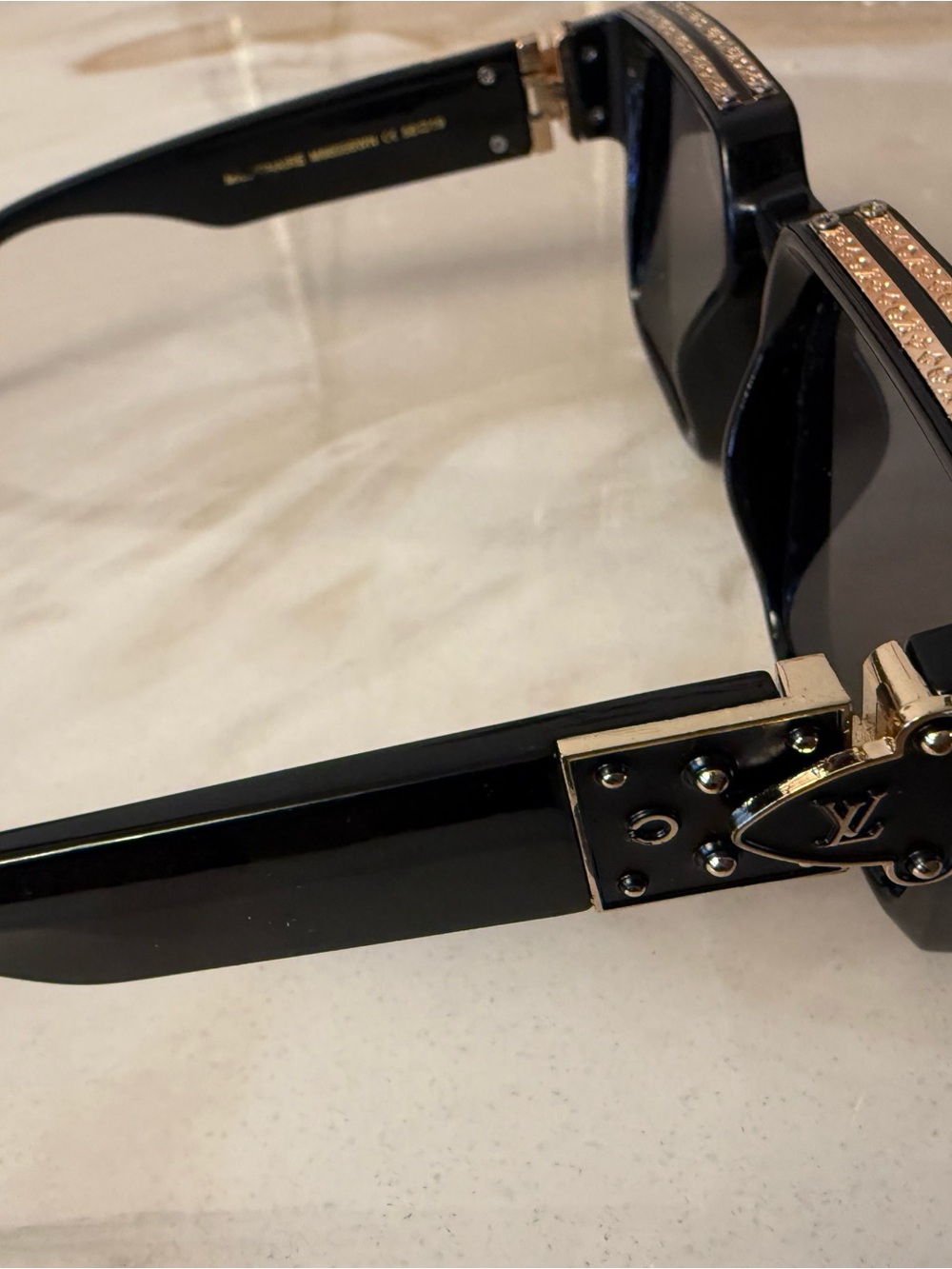 Louis Vuitton Black Rectangular Sunglasses with Gold Crystal Trim - Picture 4 of 9